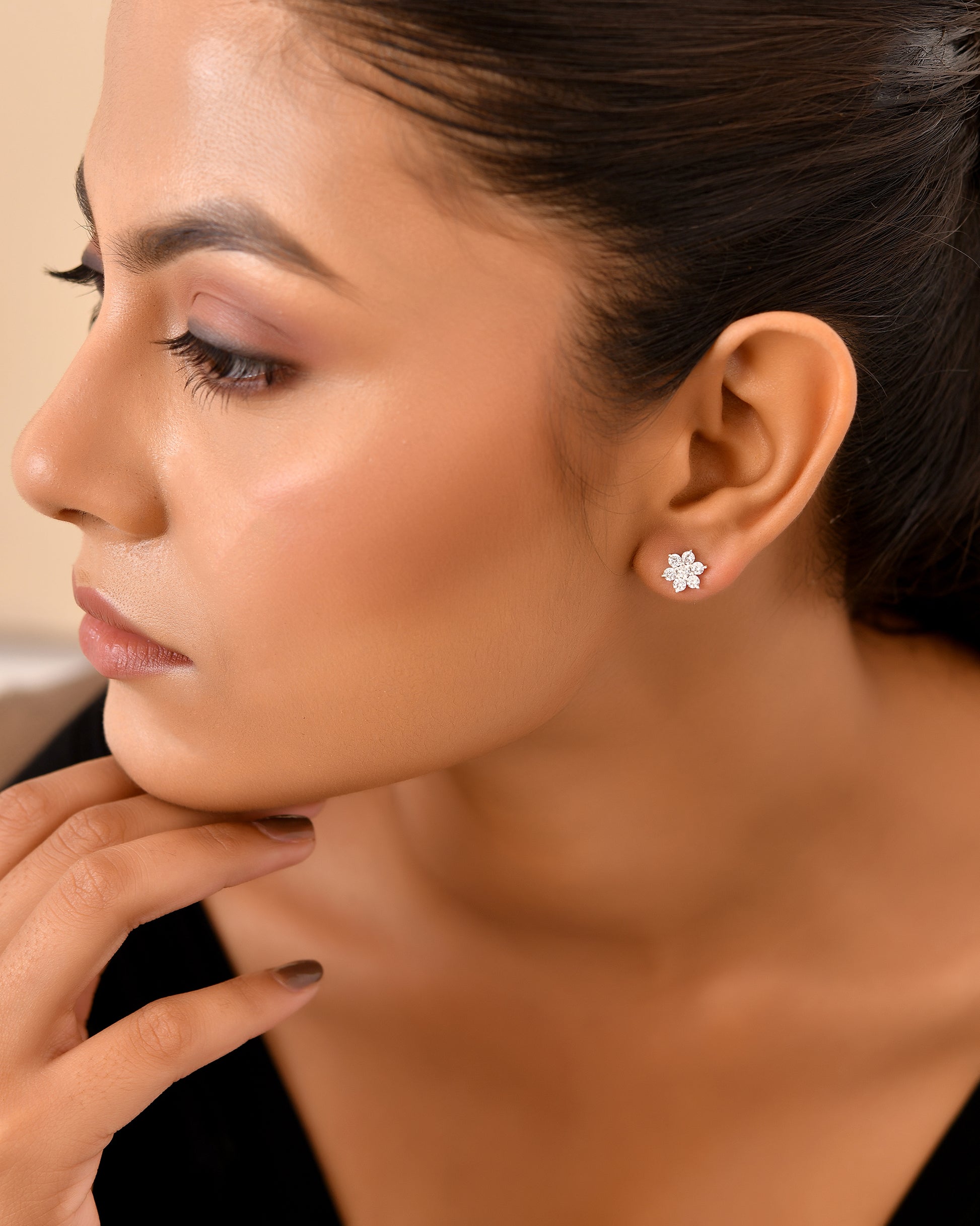 Floral white stone stud earrings