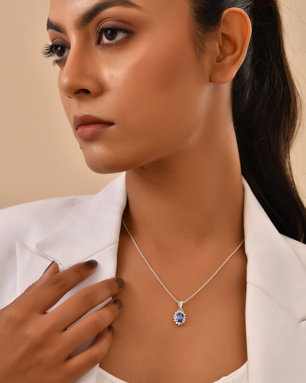 Blue oval halo pendant necklace