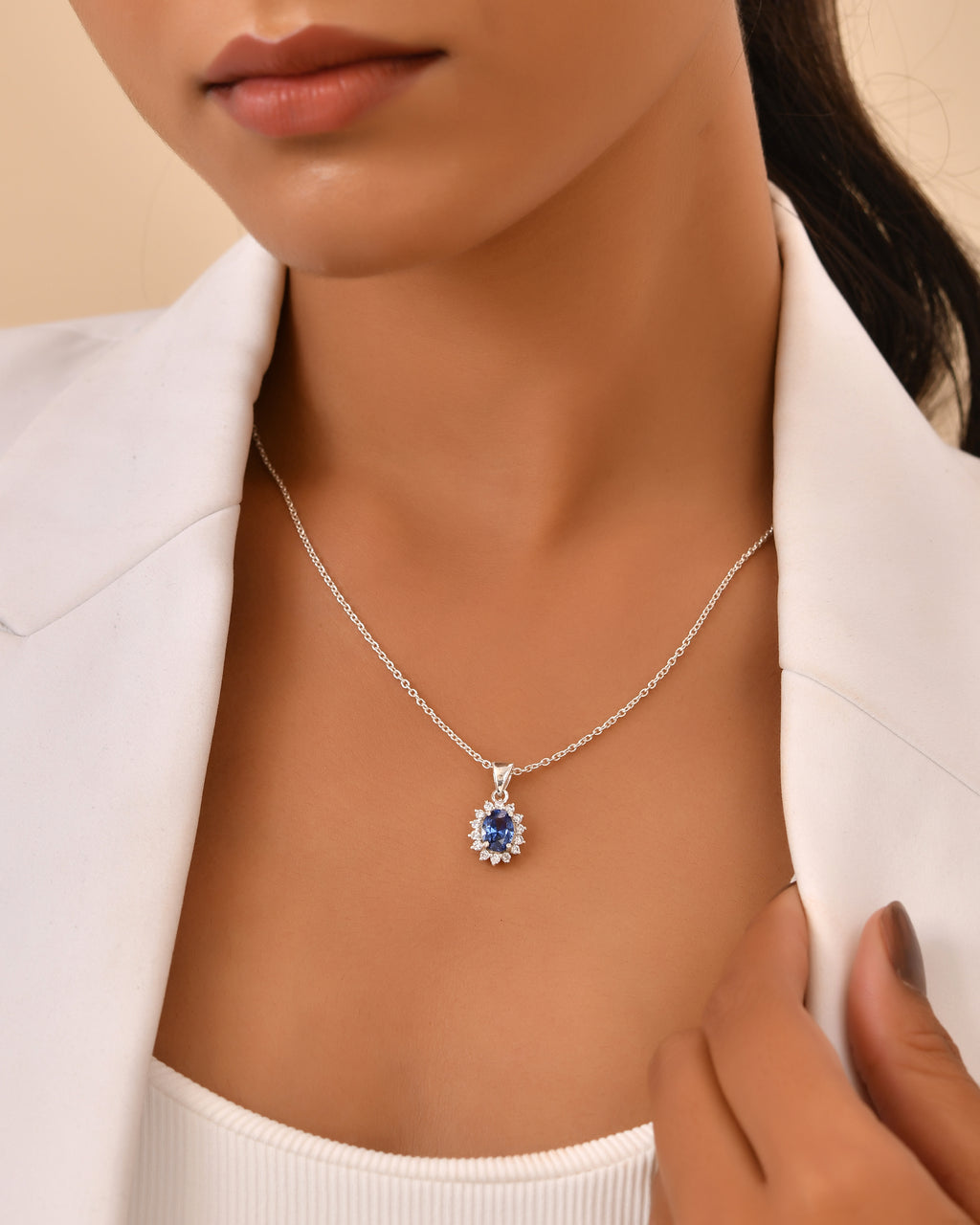 Blue oval halo pendant necklace