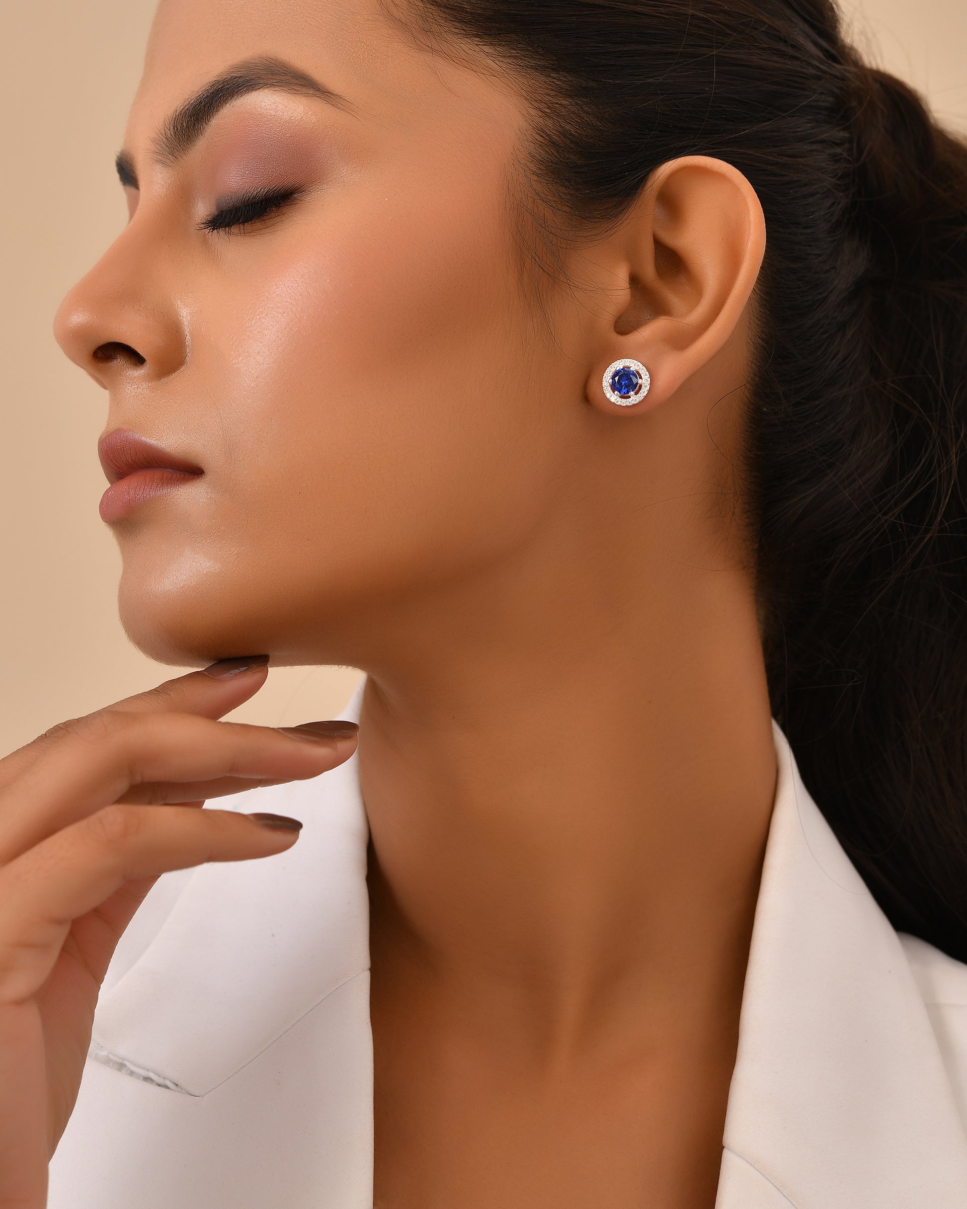 Blue stone halo stud earrings