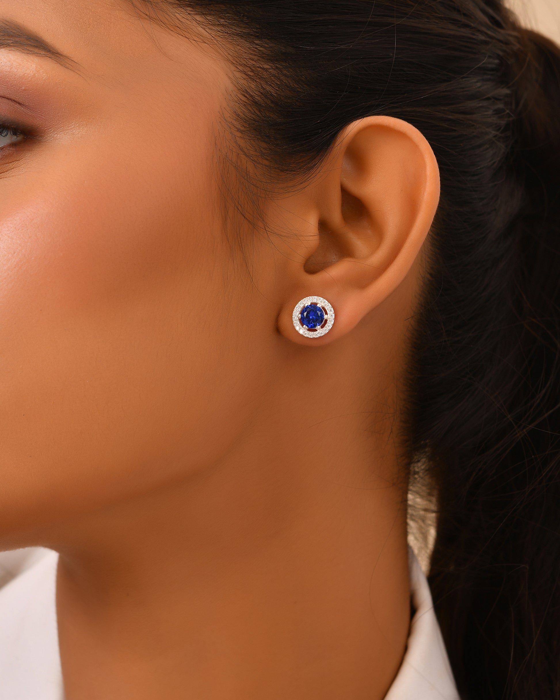 Blue stone halo stud earrings