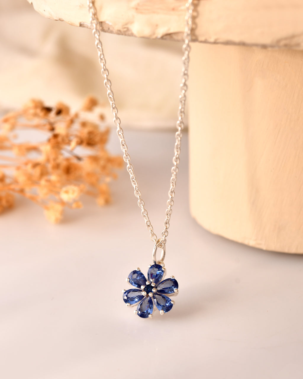 Blue floral gemstone pendant necklace